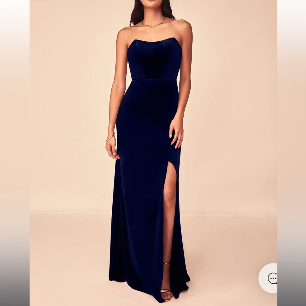 Azazie Nereda Stretch Velvet Navy Blue Evening Gown SZ 6